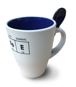 Koffiemok wit/blauw met lepeltje 'Co | F | FE | E'