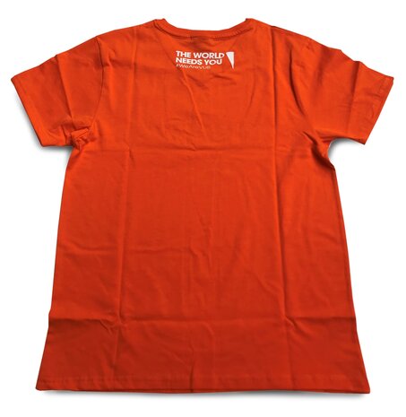 Achterzijde Oranje T-shirt met opdruk 'Vrije Universteit Brussel'
